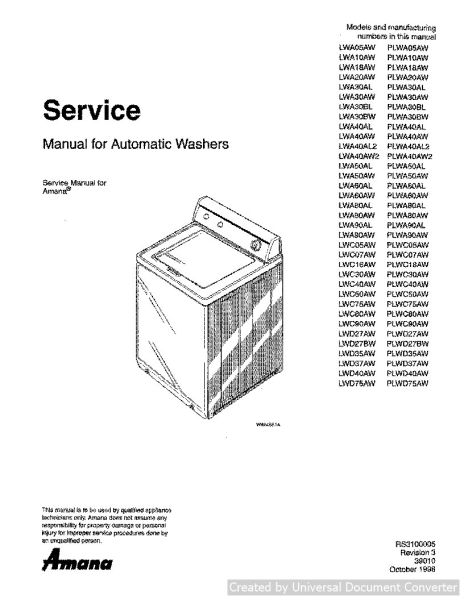 Amana PLWA40AL2 Automatic Washer Service Manual