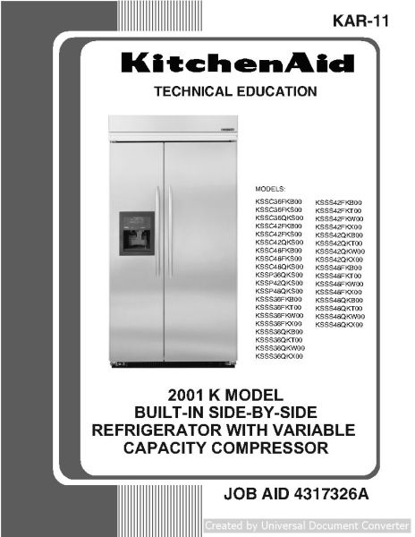 KitchenAid KSSS36QKB00 Refrigerator Technical Education PDF Service Manual