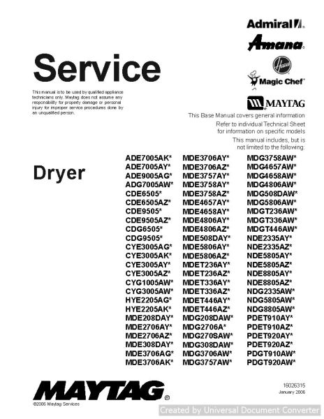 Maytag Amana HYE2205AK Dryer Service Manual